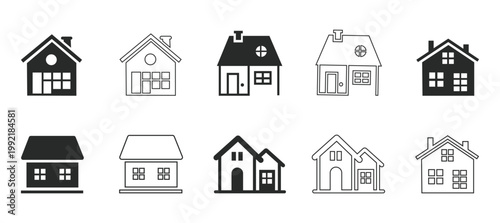 Set of house icons on white background, Black and white vector illustrations of homes