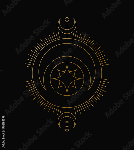 Line alchemy mystic symbol. Spiritual abstract logo. Magical pentacle. Occult tattoo. Moon crescent. Outline round black emblem. Mystical sun pentagram. Graphic wiccan astrology. Vector circle icon
