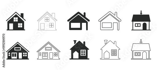 Set of house icons in various styles on white background for real estate and architecture concepts