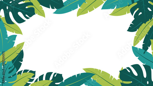 Exotic tropical leaves border with monstera and palm foliage surrounding a white rectangle space for text.