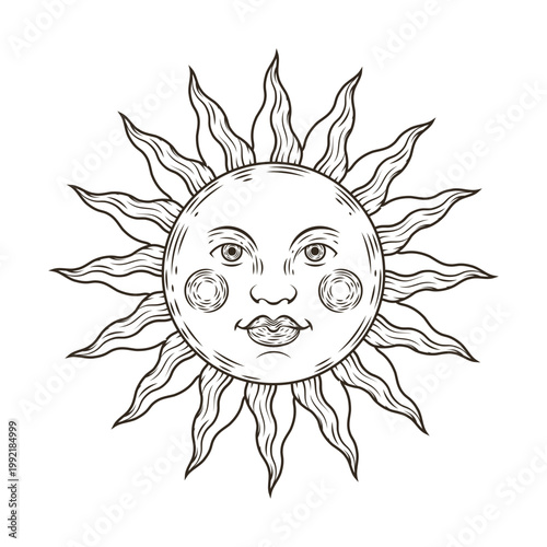 Occult symbol. Sun sketch with eyes and mouth. Astrology icon. Fairytale sunlight face. Esoteric space drawing. Celestial light beams. Radiant shine. Fantasy smile. Vector cloudscape Boho elements