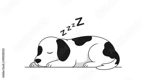 Tired white puppy dog cartoon character with black spots sleeping peacefully on its side on white background.