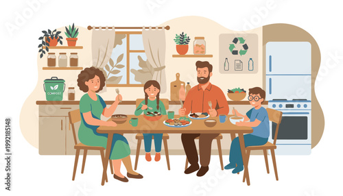 family sitting at a kitchen table eating.