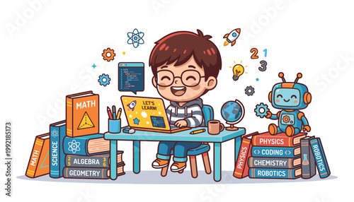 A cartoon boy learning with robot friend.