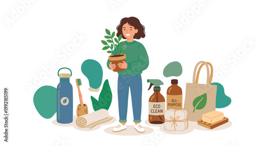 woman holding plant with eco friendly products.