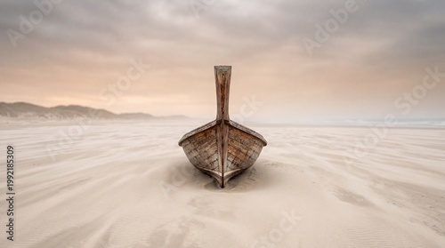 Old Wooden Boat Resting on Sandy Beach Shoreline.