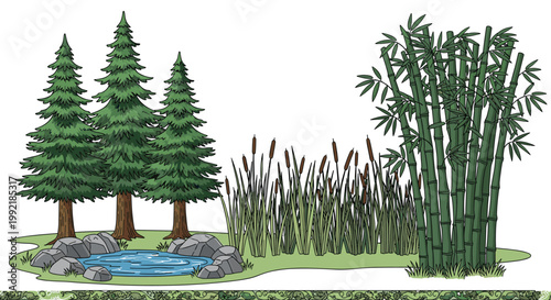 Forest and Bamboo Landscape Vector Set with Pine Trees Pond Reeds and Natural Outdoor Scenery Illustration Collection