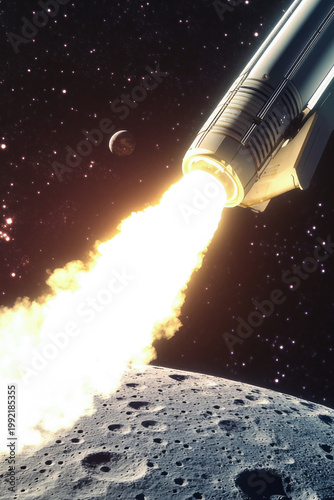 A space rocket soaring above the moon with a planet in the background, great for sci-fi and technology illustrations vertical frame