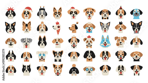 Large collection of diverse dog breed head illustrations featuring various colors, patterns, and expressions arranged in a neat grid.