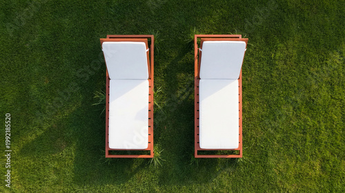 Two empty lounge chairs on green grass.