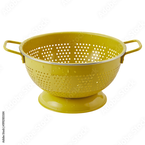 Bright yellow metal colander with handle and perforated holes isolated on transparent background