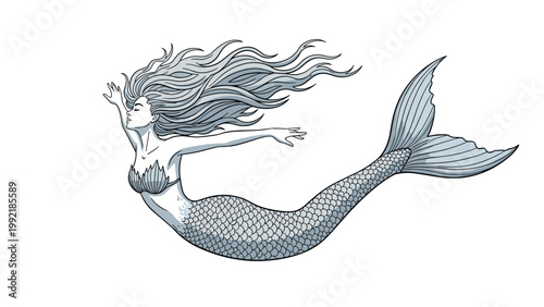 Graceful illustration of a mermaid with long flowing hair and a detailed scaly tail swimming through the air or water.