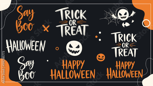 Collection of spooky Halloween phrases and icons like trick or treat and happy halloween in a stylish orange and white design.
