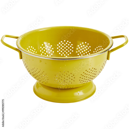 Bright yellow metal colander with handle cutouts isolated on transparent background