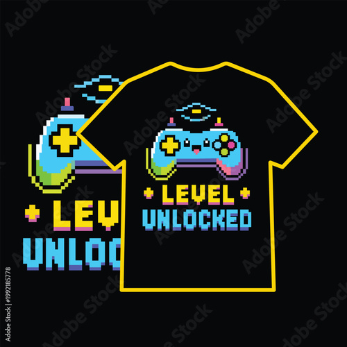 Retro Pixel Art Game Controller T-shirt Design with Level Unlocked Typography, Kawaii Gaming Console Graphic Illustration
