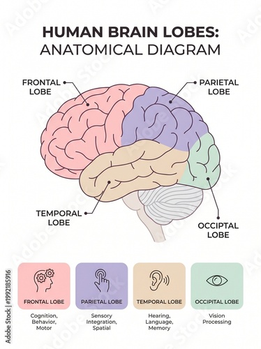 The human brain lobes are shown in a detailed anatomical diagram with labels.