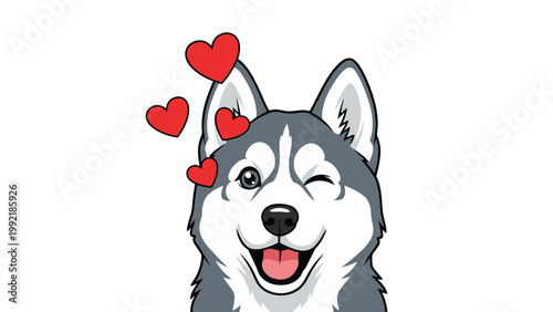 Adorable husky puppy winking and sticking its tongue out while surrounded by floating red hearts on a white background.