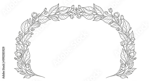 Graceful Hand Drawn Curved Floral Border with Leaves on Isolated White Background