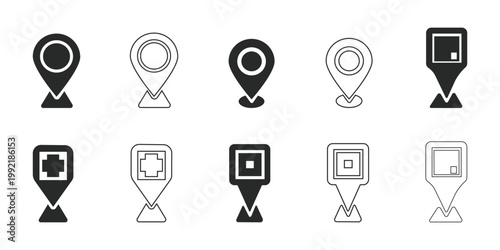 Set of map pin icons with various symbols on white background