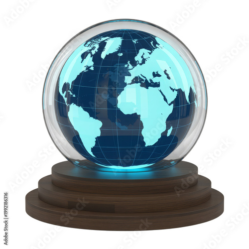 Digital 3D globe with illuminated continents and countries isolated on transparent background
