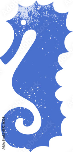 Blue sea ​​horse design element for summer. Pelagian isolated on white background. Grunge texture wall art.