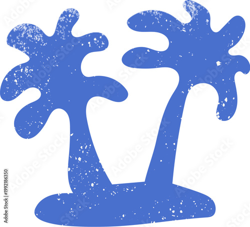 Blue palm trees design element for summer. Exotic island isolated on white background. Grunge texture wall art.