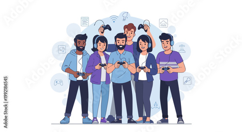 Diverse Group of Young Adults Holding Game Controllers and Wearing Headsets.