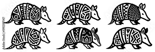 Armadillo Tribal Tattoo Art Set, Ethnic Animal Vector Illustration with Geometric Aztec Patterns, Wild Animal Graphic Elements