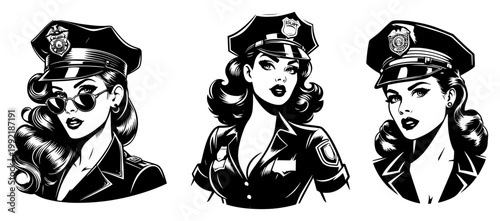 Beautiful Female Police Officer Portraits in Vintage Pin-up Style, Sexy Woman Cop in Uniform Comic Art Illustration