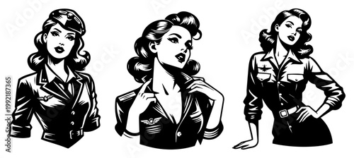Vintage Military Pin-up Girls Portraits in Army and Pilot Uniforms, Retro Sexy Woman Soldier Character Vector Illustration