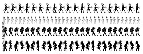 Tribal Warrior Silhouettes Parade Set, Ethnic Indigenous People Marching with Spears and Headdresses, Pattern Design