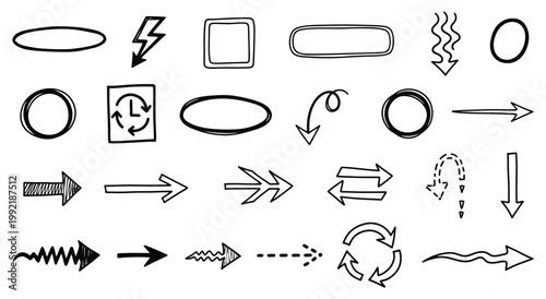 A versatile collection of hand-drawn sketch doodle arrows, pointers, and decorative frames, perfect for adding an organic, artisanal touch to design projects and infographics