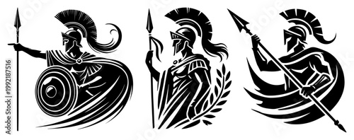 Ancient Greek Spartan Warrior Silhouette Set, Roman Soldier with Spear and Shield Graphic, Mythology Hero Elements