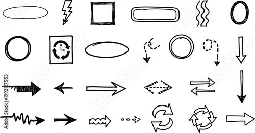Hand-Drawn Doodle Arrows, Shapes, and Symbols Vector Set - A Versatile Collection of Sketchy Graphic Elements for UI/UX Design, Flowcharts, and Creative Projects