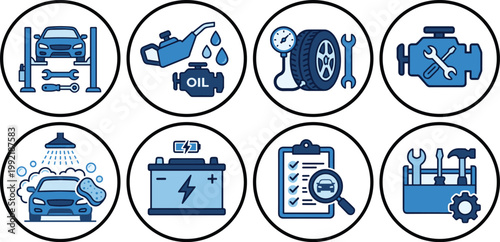 A collection of car maintenance icons on a white background for automotive service websites