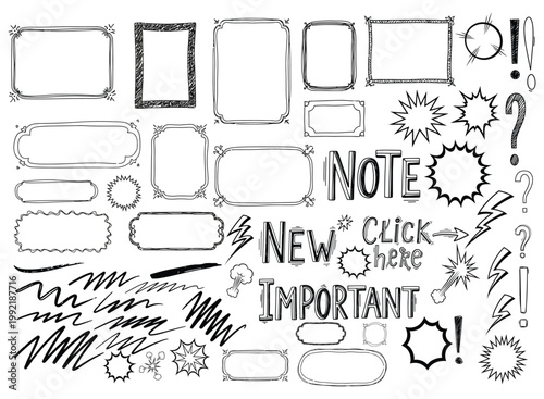 Hand-drawn doodles and frames, including speech bubbles, question marks, and exclamation points, perfect for creative projects