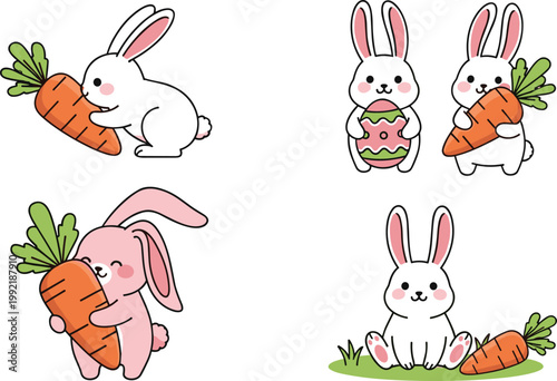 Cute Bunny Characters Collection with Rabbits Holding Carrots, Cartoon Animal Illustration for Kids Design, Easter Theme, and Nursery Decoration