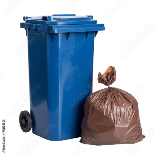 Blue recycling bin with full garbage bag and chicken on top isolated on transparent background