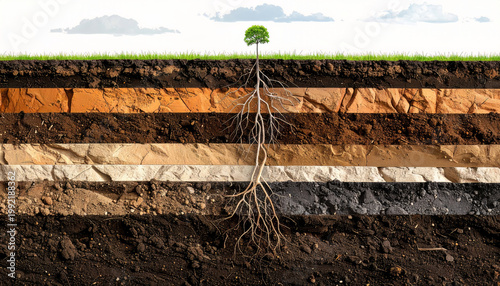 Tree roots growing through layered soil cross section