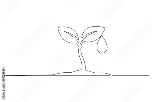 Plant sprouting, continuous one line drawing, minimalist isolated outline illustration