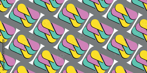 Colorful seamless pattern with abstract interlinked shapes in pink, cyan, yellow, and grey on white diagonal lines, geometric pop art vector.