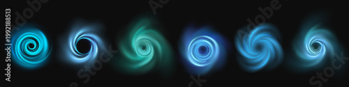 Magic swirl. Round effect. Realistic storm fresh. Circular sparkle. Clean spin. Circle air, stream tornado. Spiral aura current. Movement vortex. Vector energy isolated futuristic visual elements set