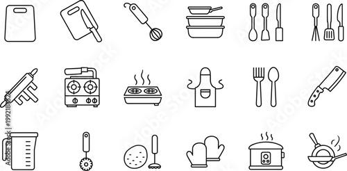 Kitchen Cooking Tools and Utensils Icon Set with Outline Style for Culinary, Restaurant, Food, and Chef Design Projects