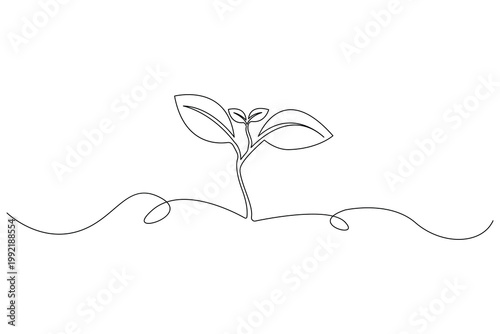 Plant sprouting, continuous one line drawing, minimalist isolated outline illustration