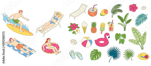 Beach summer. Happy character. Travel tropical sun, pool vacation, seaside leisure. Colorful holiday, fun swimming, surfing. Seasonal outdoor recreation cartoon icons in sea. Vector cute tourism set