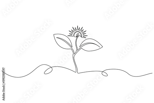 Plant sprouting, continuous one line drawing, minimalist isolated outline illustration