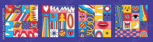 Psychedelic comic frame. Groovy graphic design. Character funky. Card vintage color. Poster funny summer, collage geometric mosaic shapes. Vector pattern garish hippie cartoon flat style isolated set