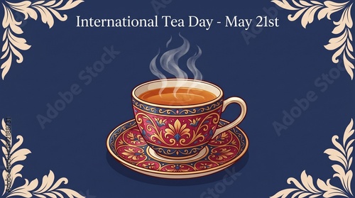 International tea day banner with a teacup on a saucer may 21st celebration