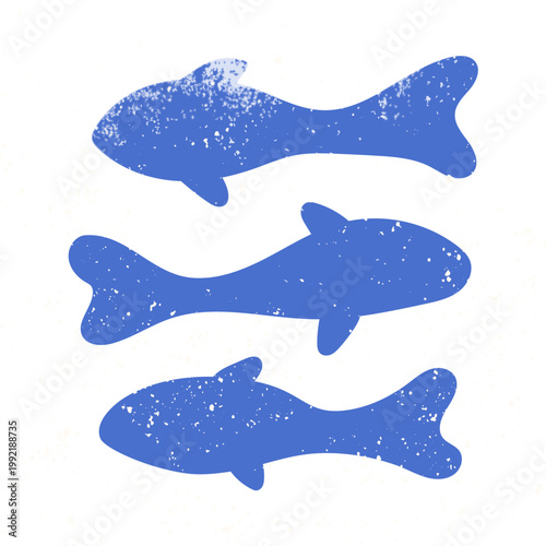 Blue marine fish design element for summer. Ocean element isolated on white background. Grunge texture wall art.