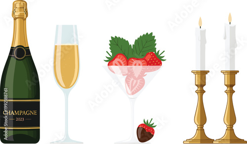 Romantic Champagne and Strawberries Vector Illustration with Candles, Wine Glass, Dessert Bowl, and Elegant Celebration Elements for Love, Date Night, and Festive Designs